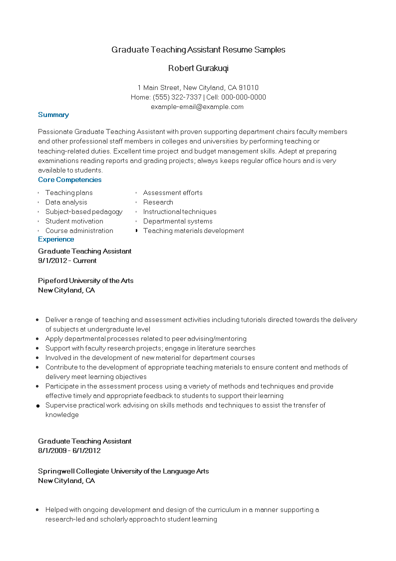 Graduate Teaching Assistant Resume Samples main image