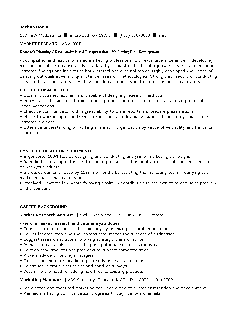 Télécharger Gratuit Market Research Analyst Resume