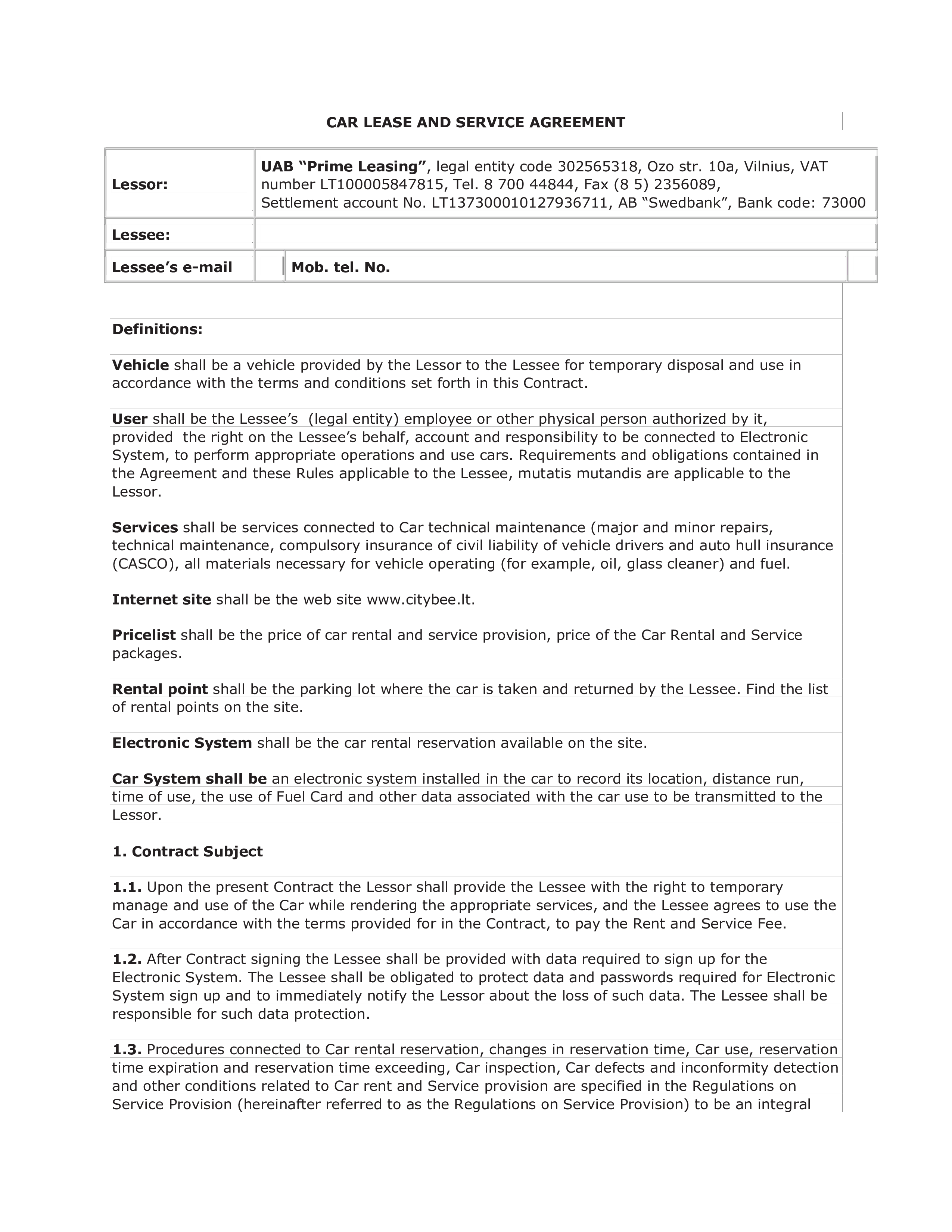 private car lease agreement template