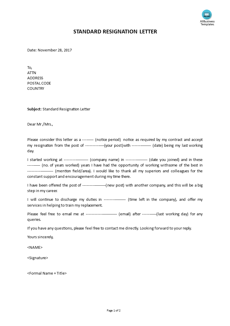 basic resignation letter example template