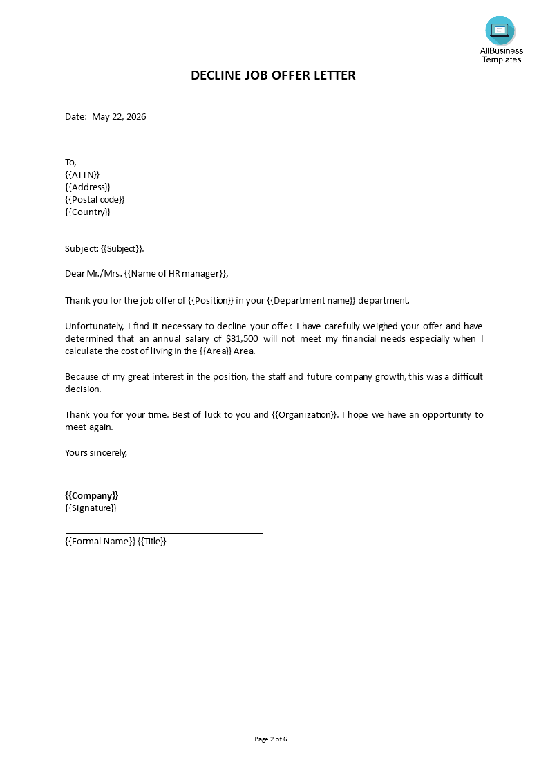 Declining a job offer letter | Templates at allbusinesstemplates.com