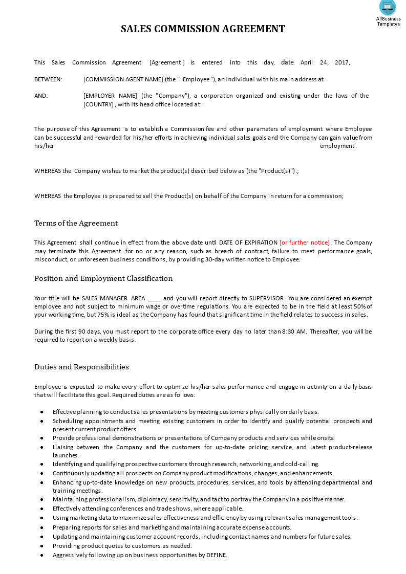 sales commission contract example template