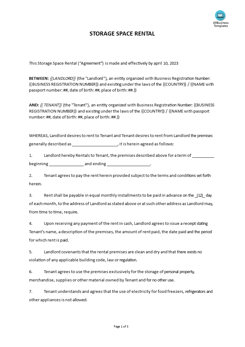 storage space rental form template