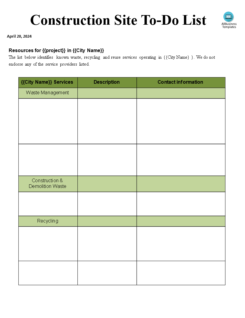 Construction Site To Do List  Templates at allbusinesstemplates.com Inside Leed Letter Template
