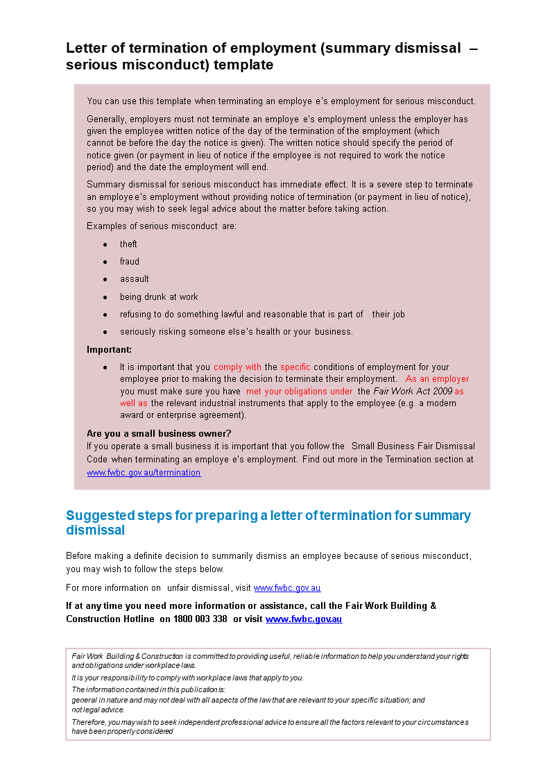 letter of termination of employment for misconduct template