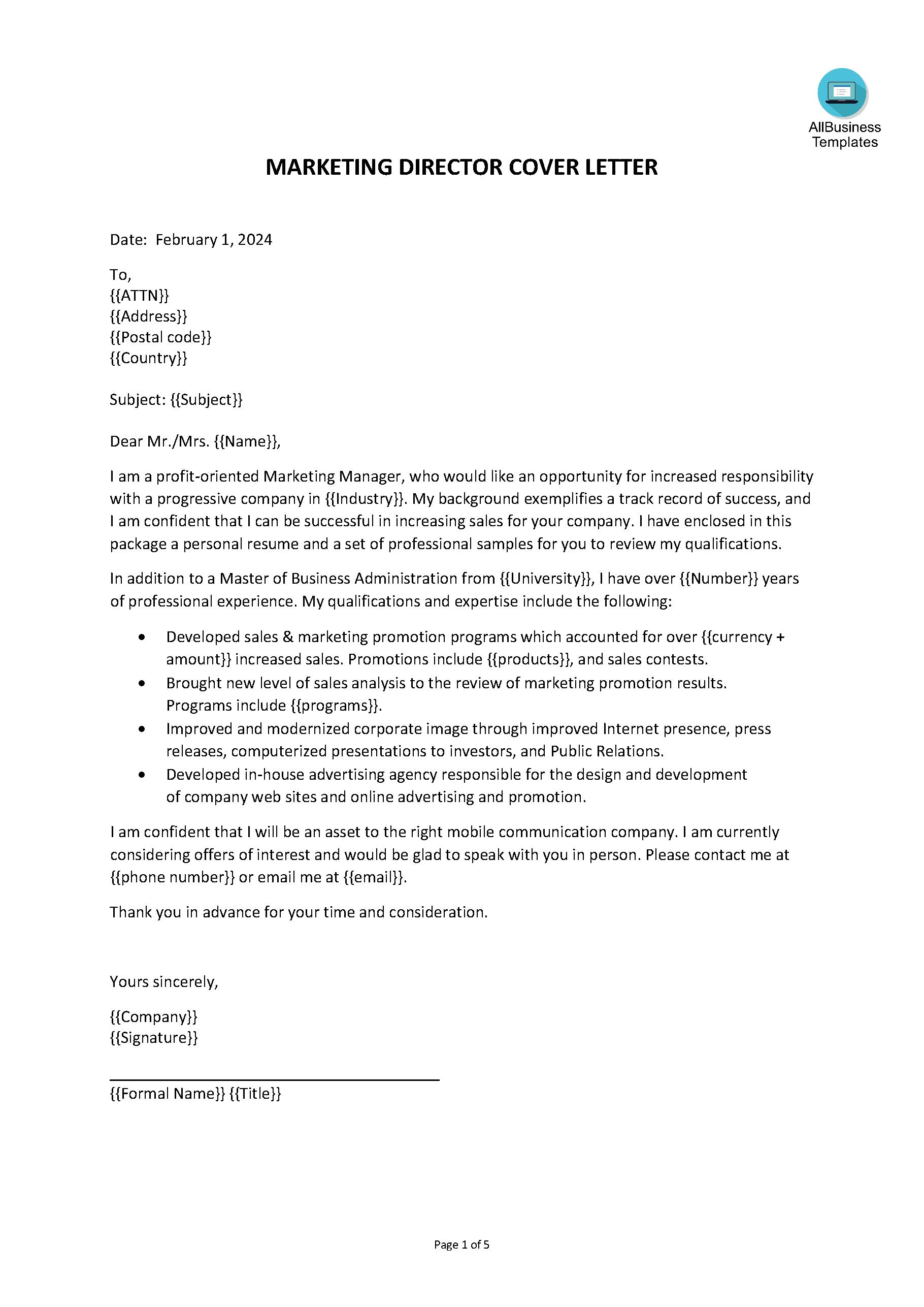 cover letter for director of marketing and communications