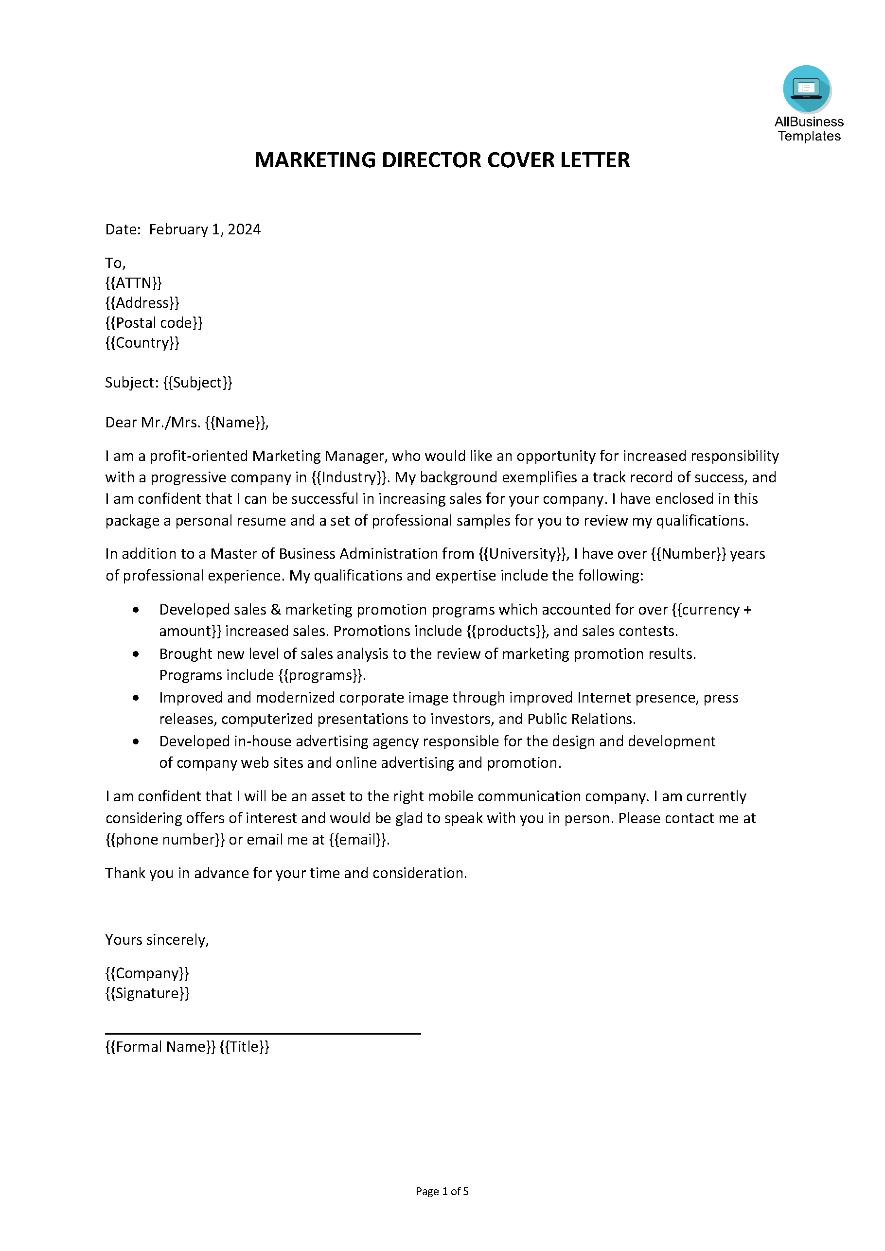 cover letter for sales marketing position