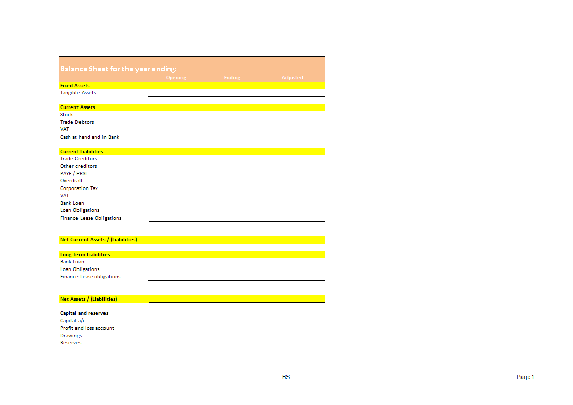 balance sheet worksheet of financial position template