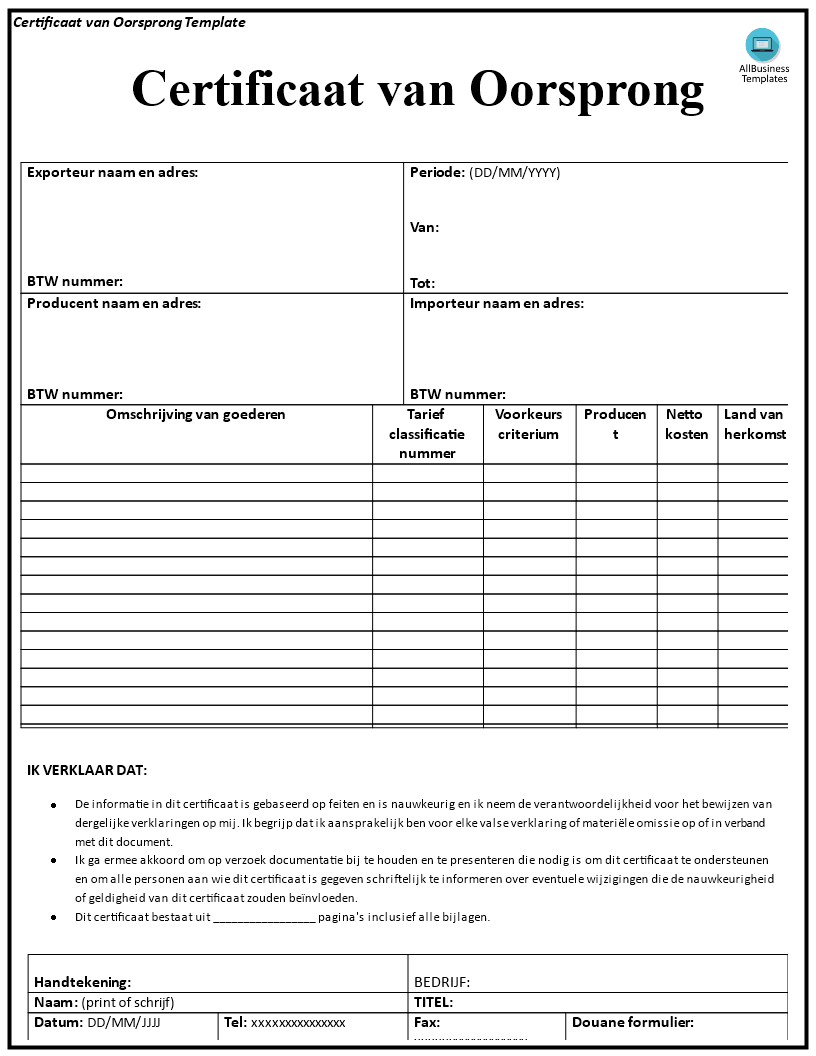 certificaat van oorsprong template template