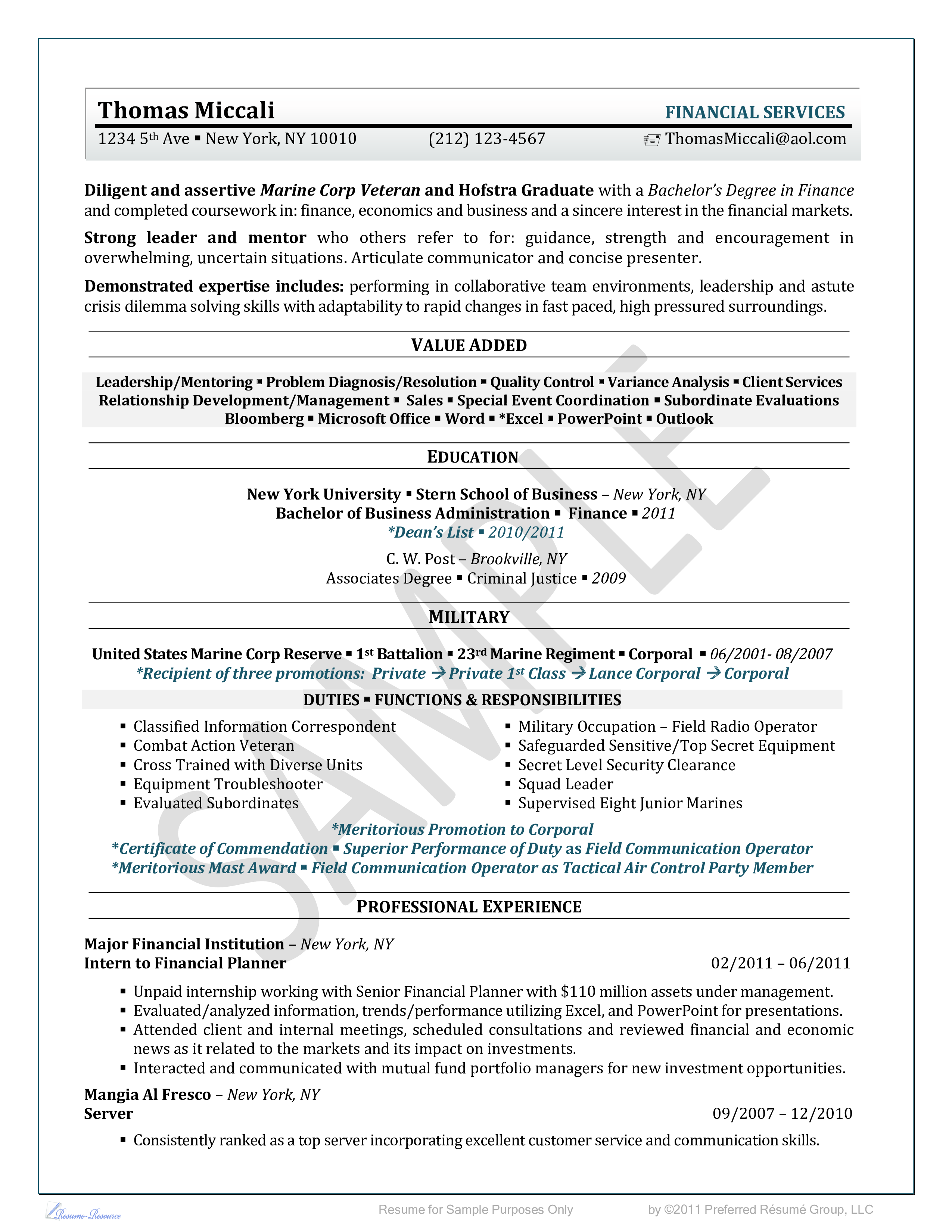 resume military service example