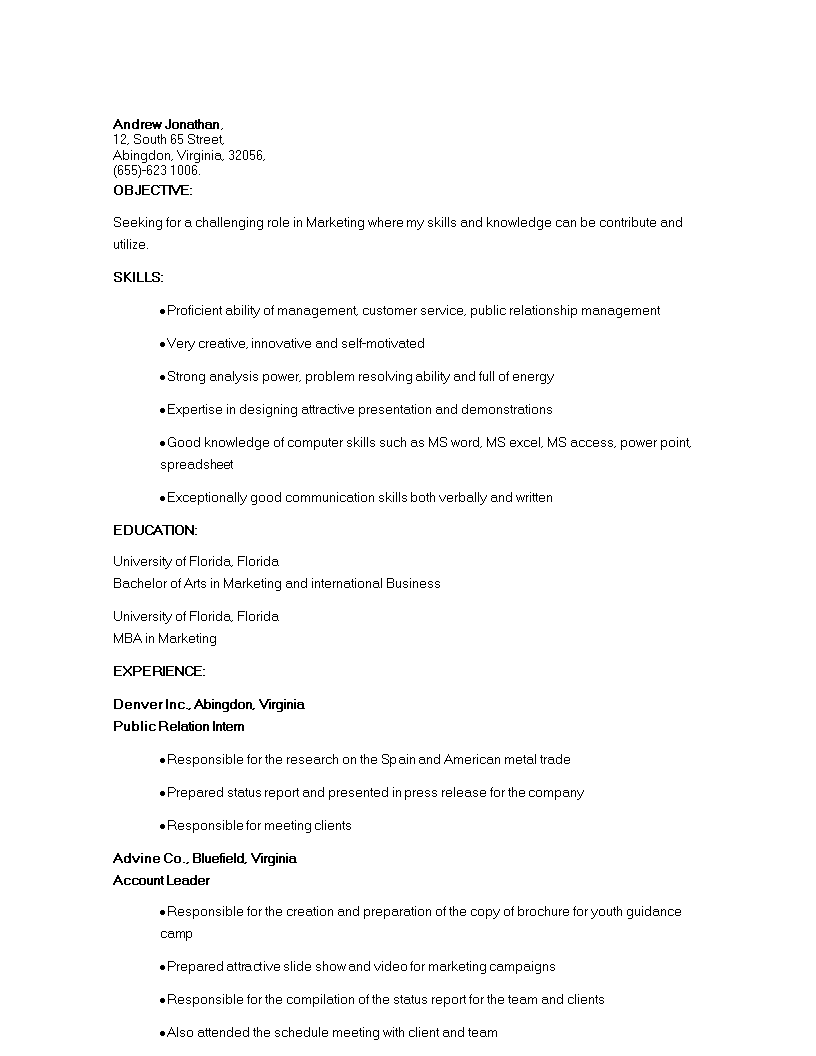 Marketing College Student Resume 模板