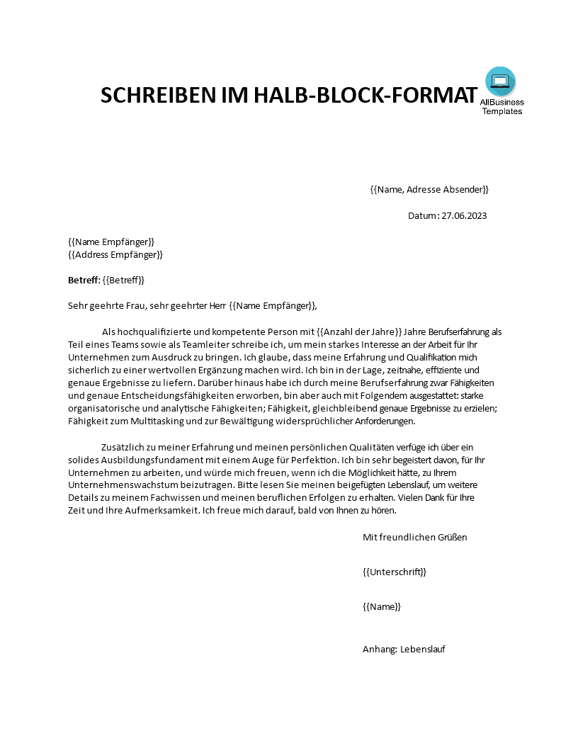 semi-block brief format Hauptschablonenbild
