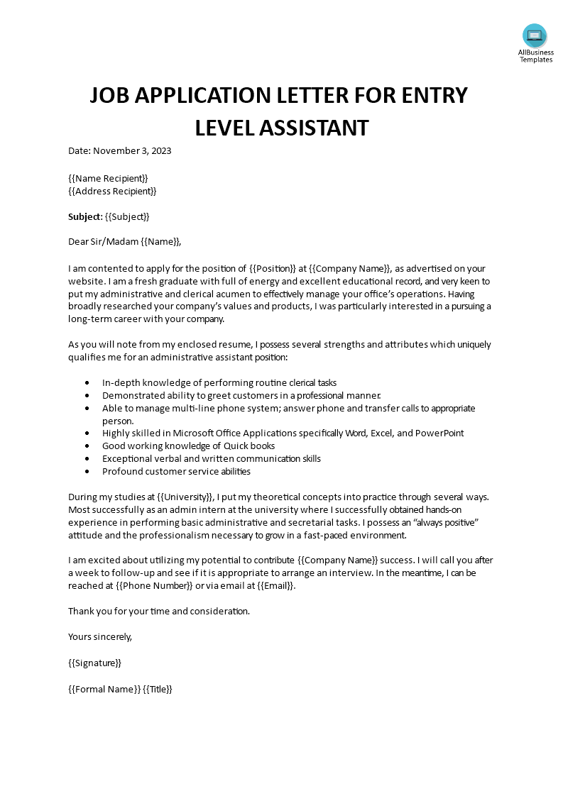Kostenloses Job Application Letter for Entry Level Assistant