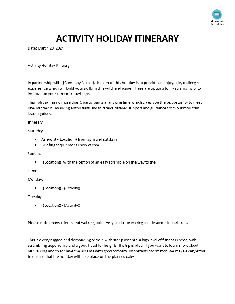 activity holiday itinerary template