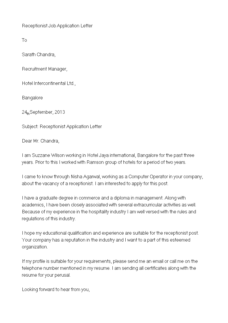 application letter for a position of a receptionist