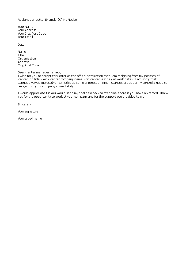 Resignation Letter Without Notice Period Templates At