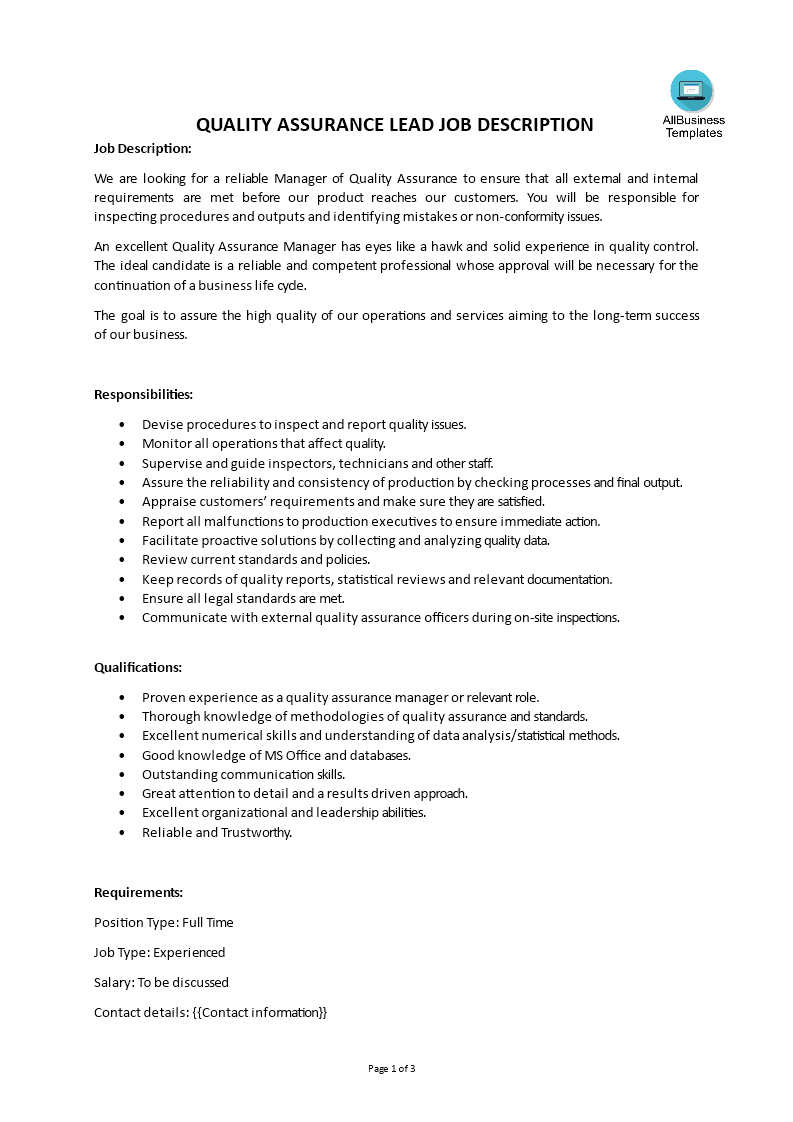 Quality Assurance Lead Job Description main image