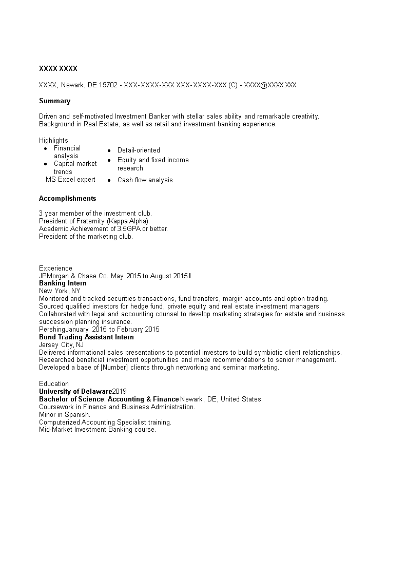 Commercial Banking Intern Resume 模板