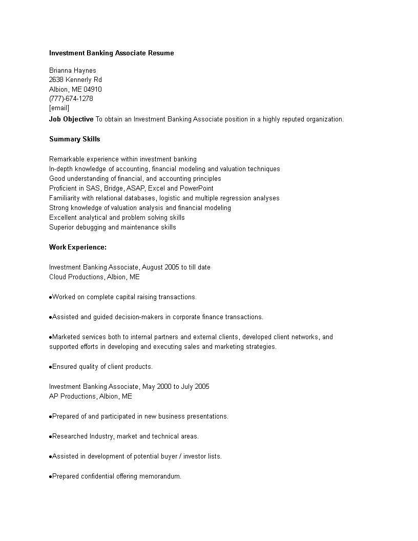 investment banking associate cv template