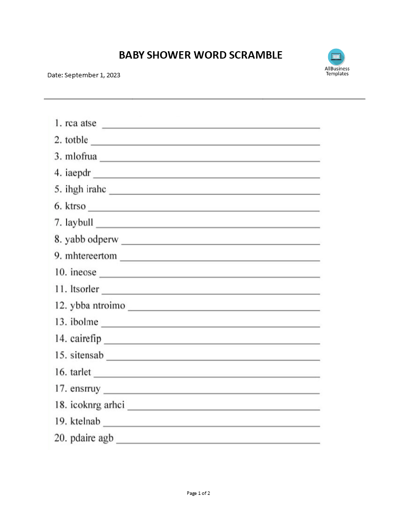 baby shower word scramble template