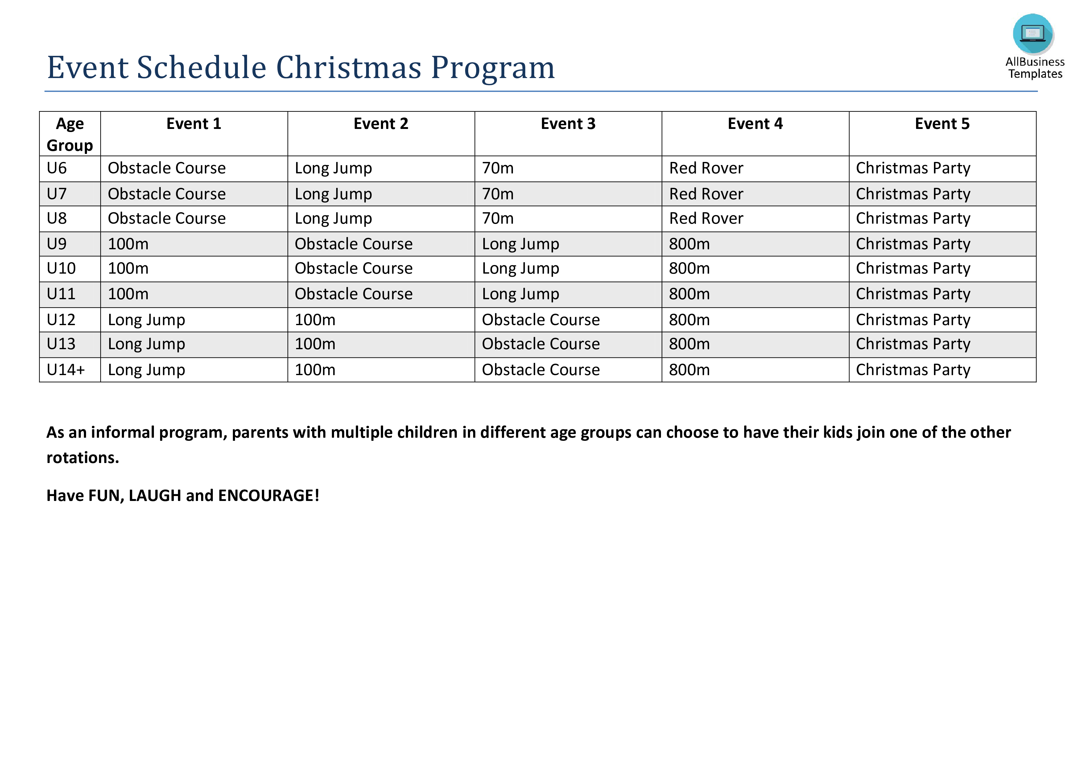 event schedule christmas program modèles
