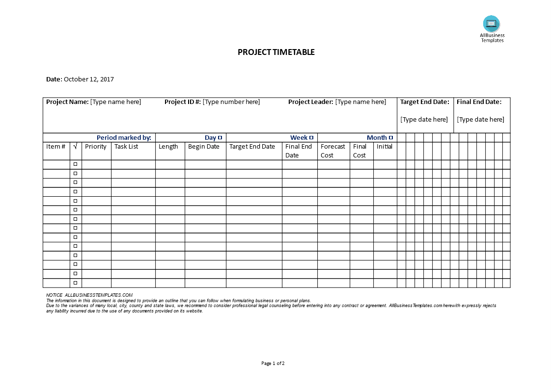 projectmanagement - project timetable template