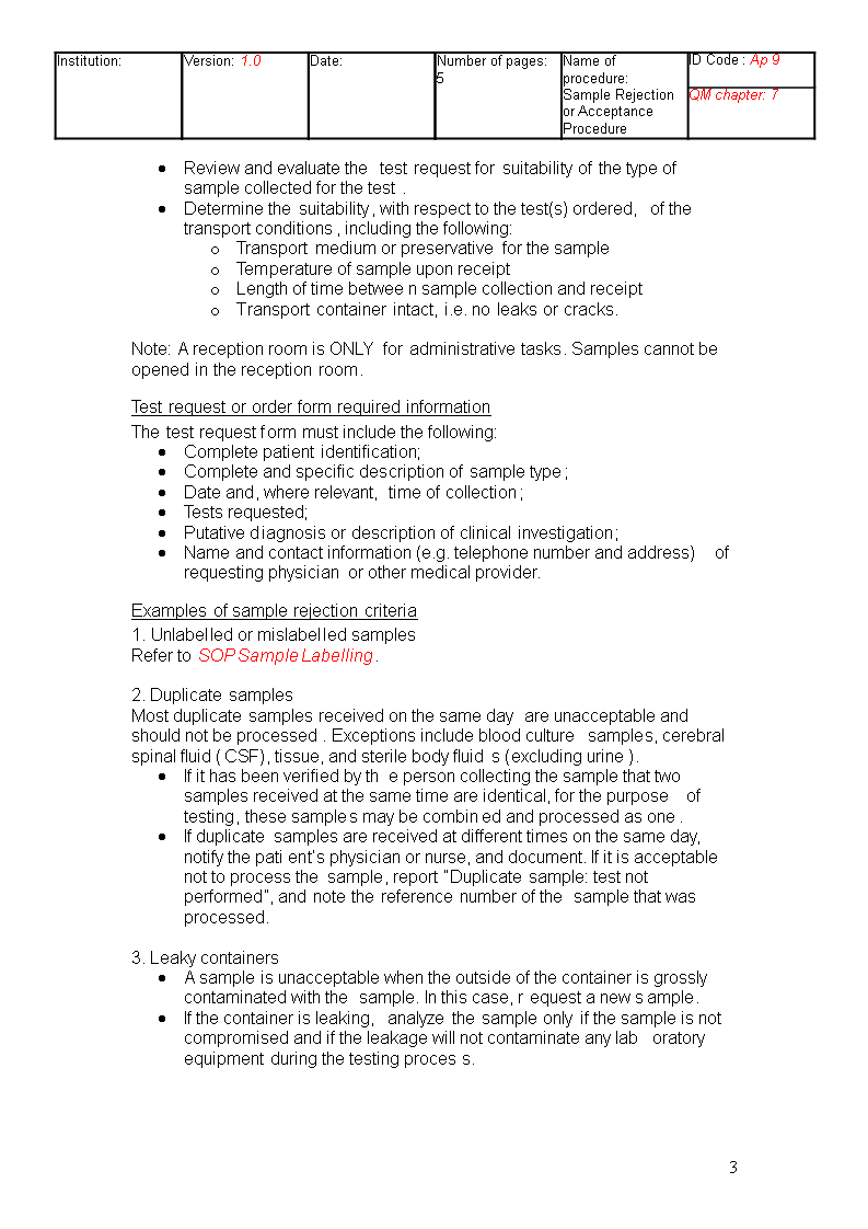 Sample Acceptance Quality SOP main image