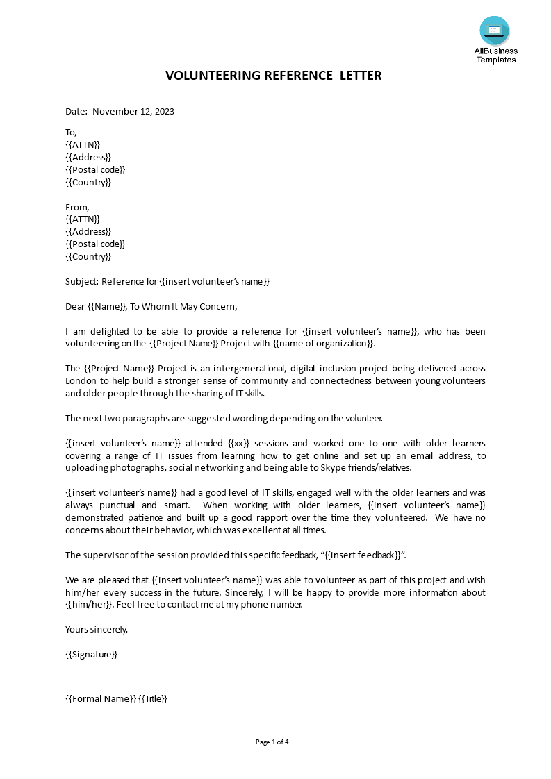 volunteer work reference letter template