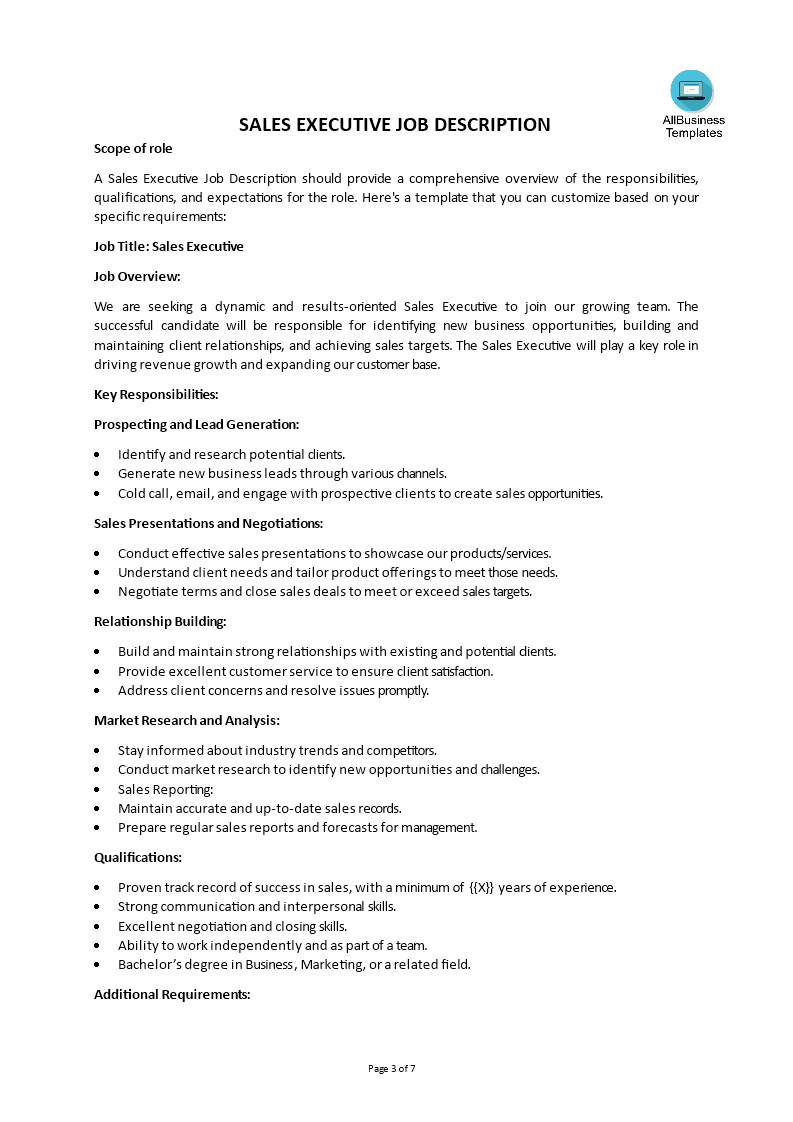 Sales Executive Job Description Templates at