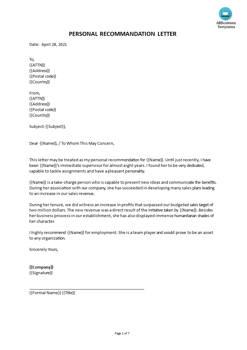 Personal Recommendation Letter example main image