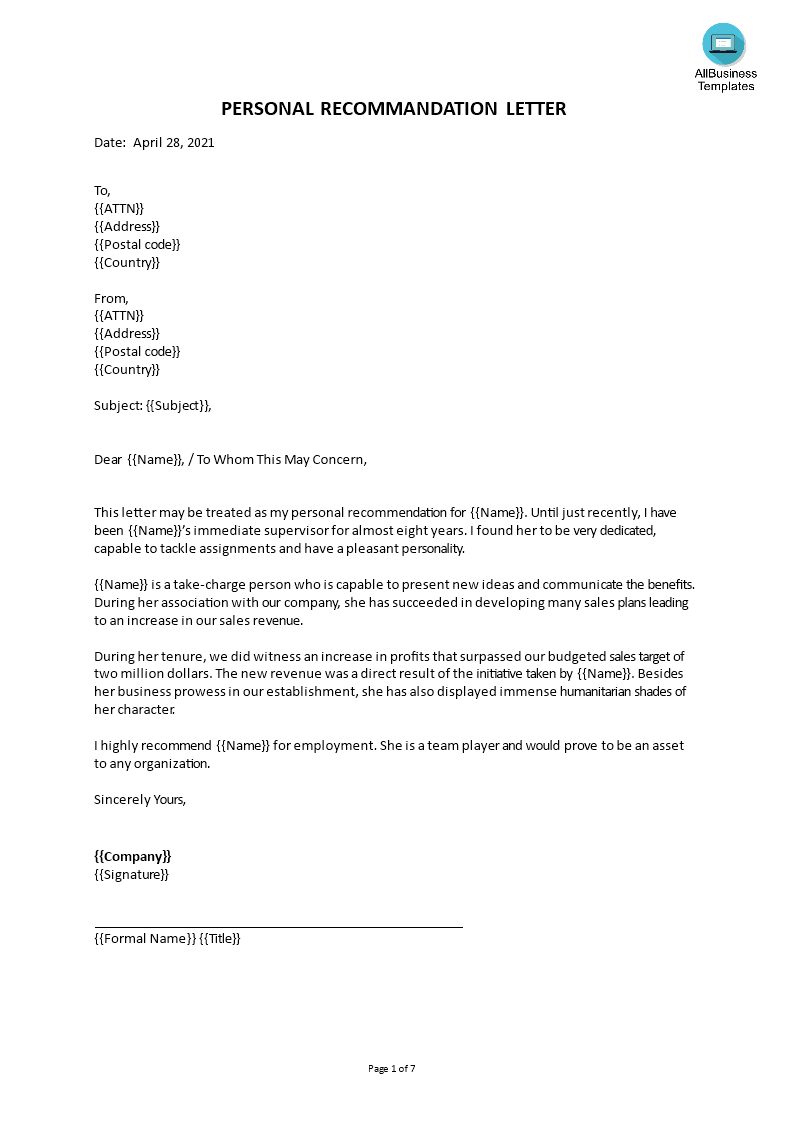 personal recommendation letter example template