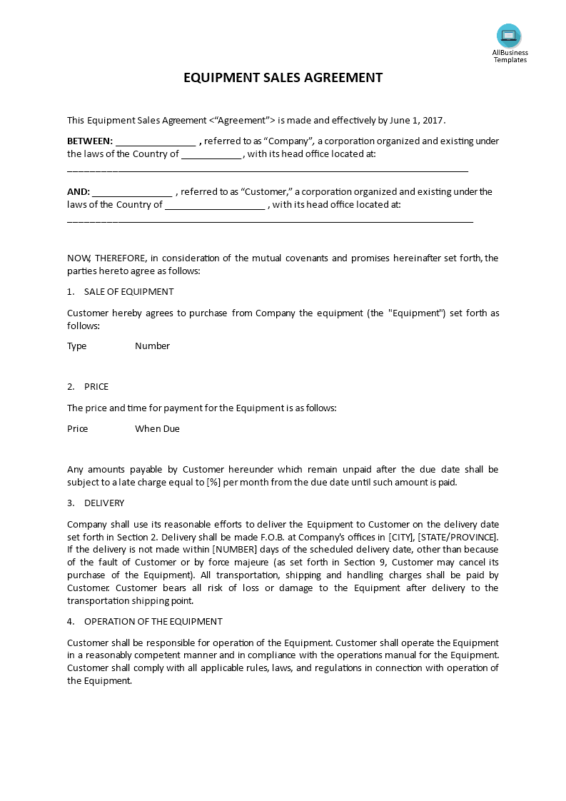 equipment sales agreement template