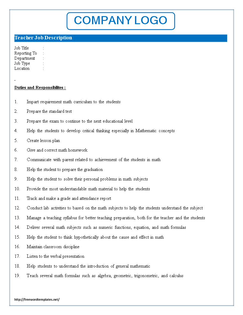 teacher job description (jd) template voorbeeld afbeelding 