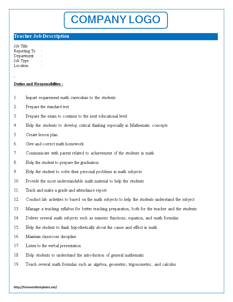 teacher job description (jd) template modèles