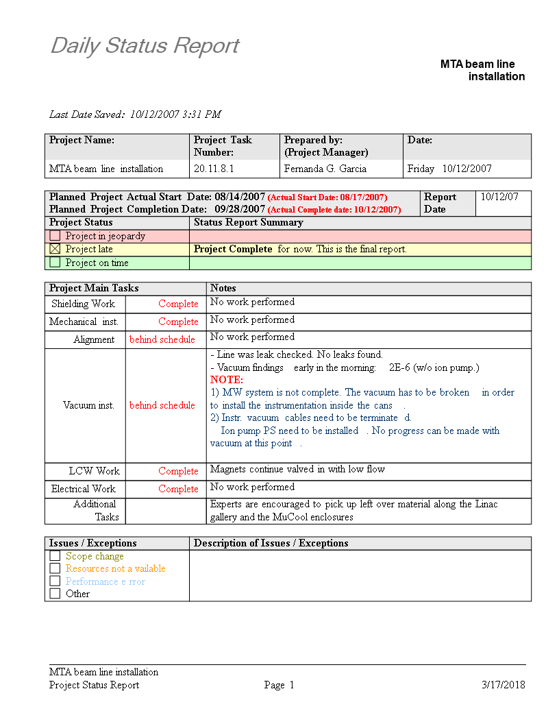 Daily Status Report Template