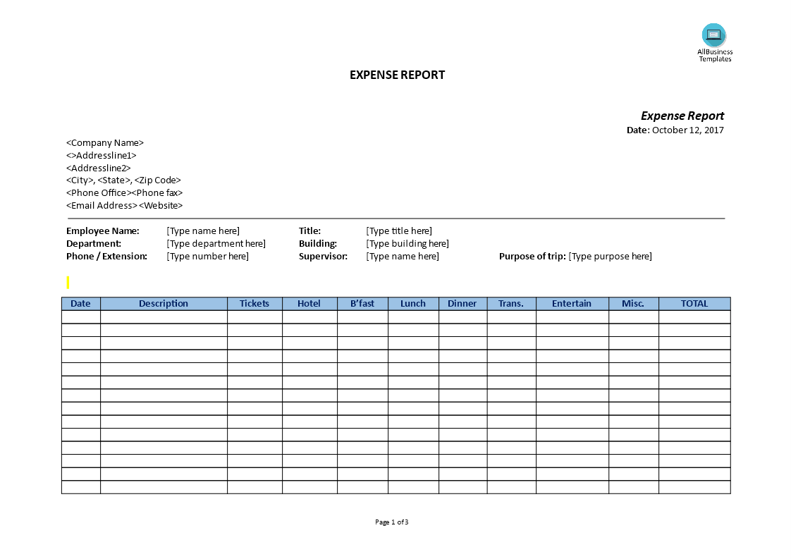 expense report word Hauptschablonenbild