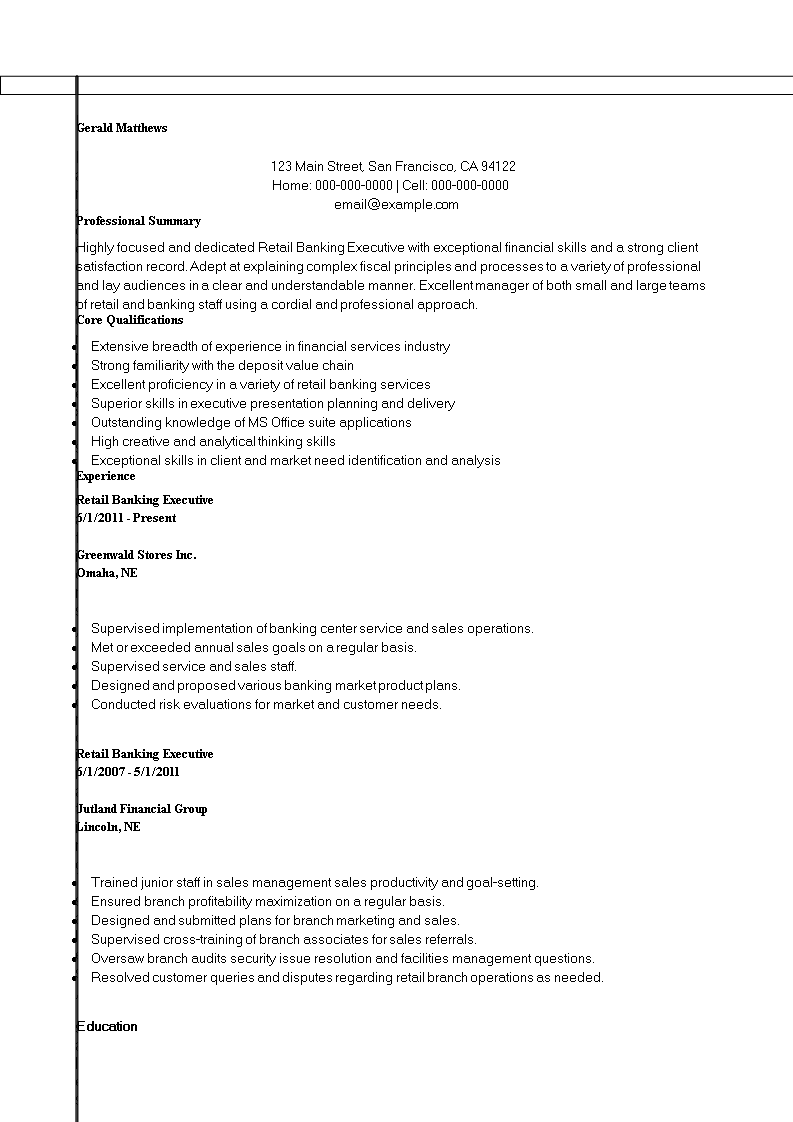 resume of a retail banking executive modèles