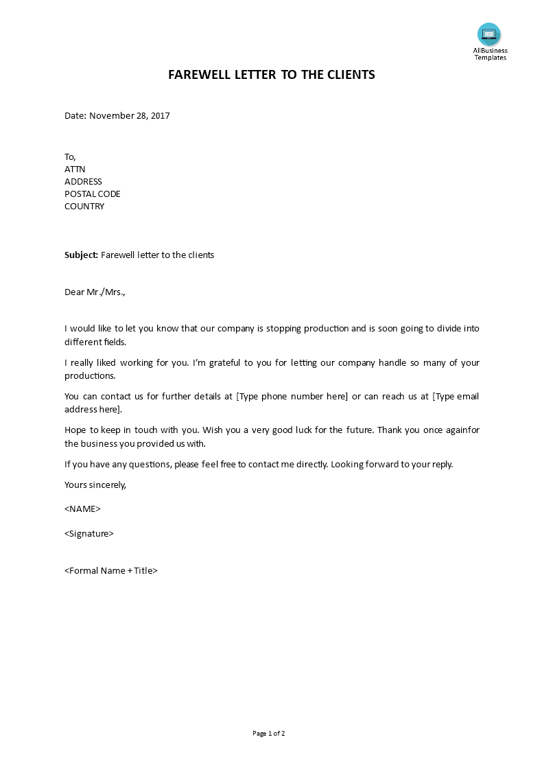 farewell letters to the clients template