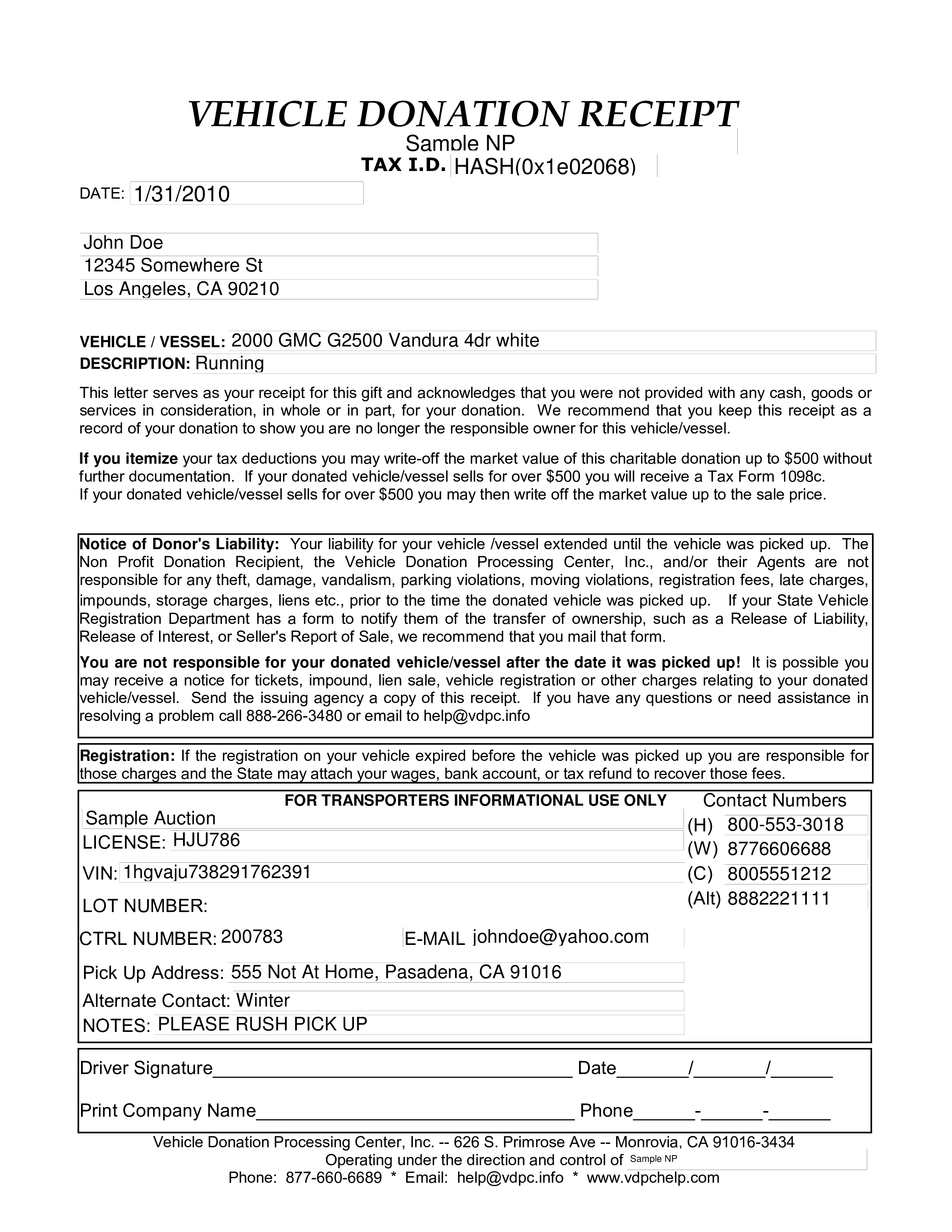 vehicle donation template