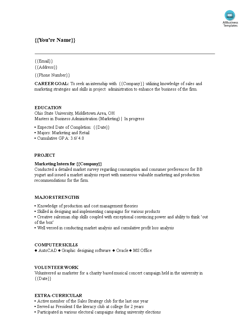 marketing internship resume modèles