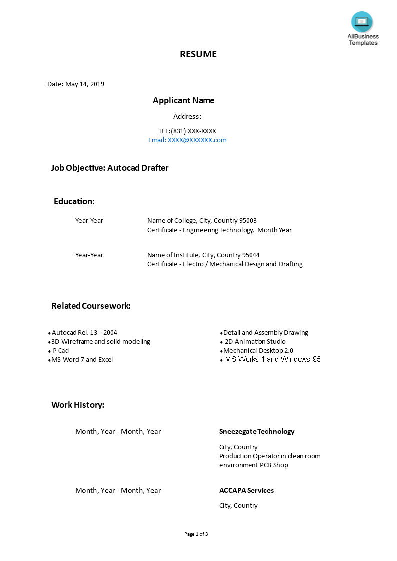 autocad drafter chronological format resume template