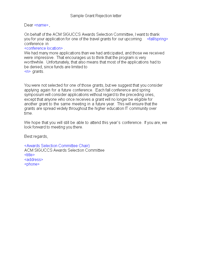 rejection letter for unsuccessful grant application template