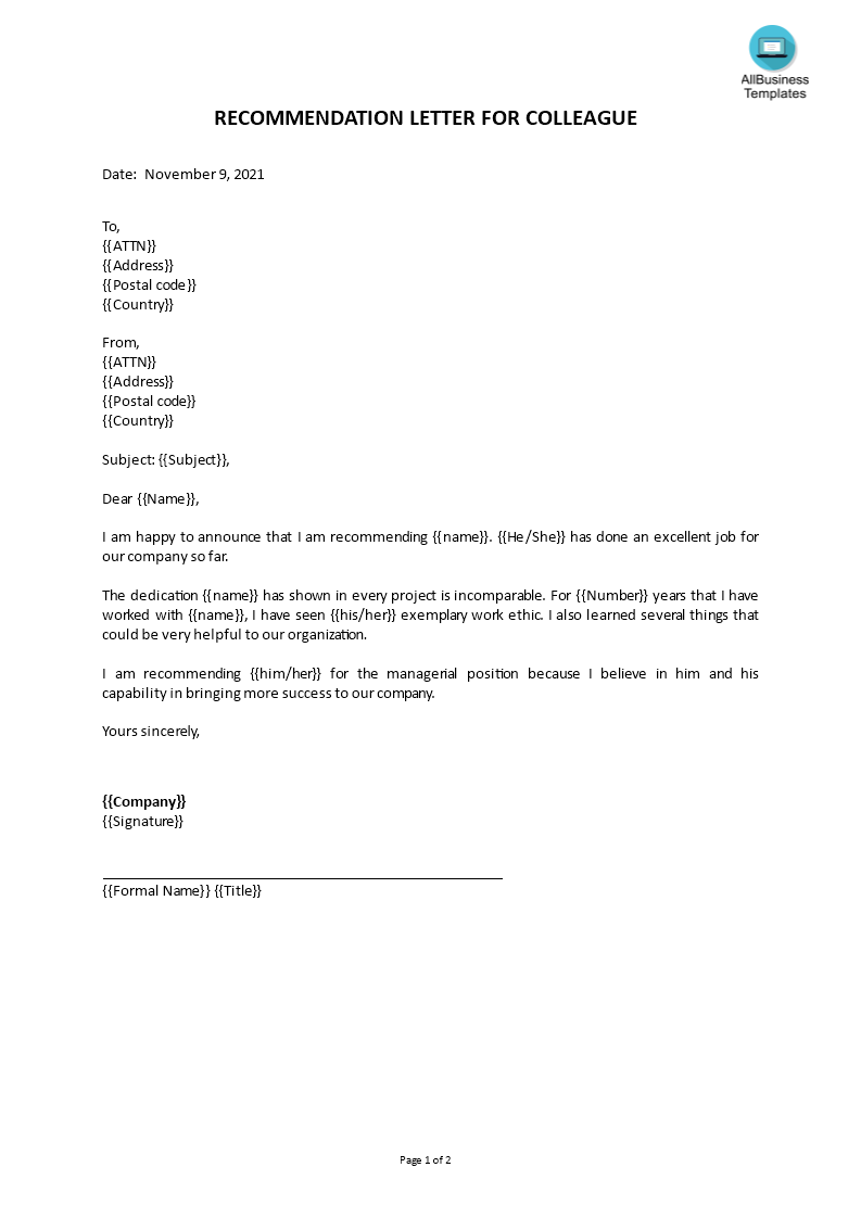 recommendation letter colleague template