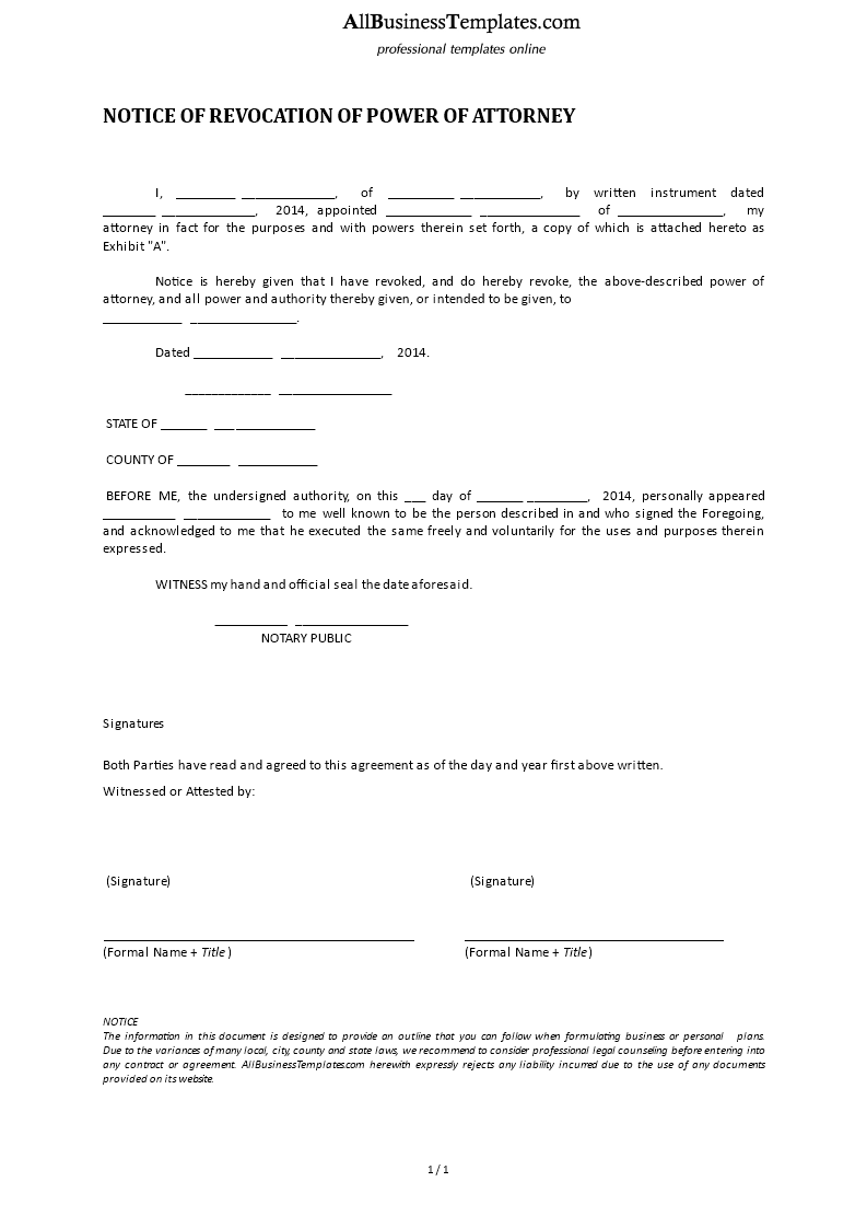 notice of revocation of power of attorney template