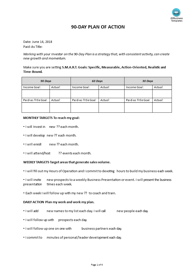 90 day plan of action for new growth template