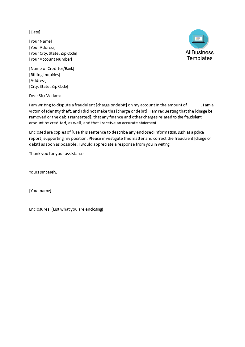 sample dispute letter template voorbeeld afbeelding 