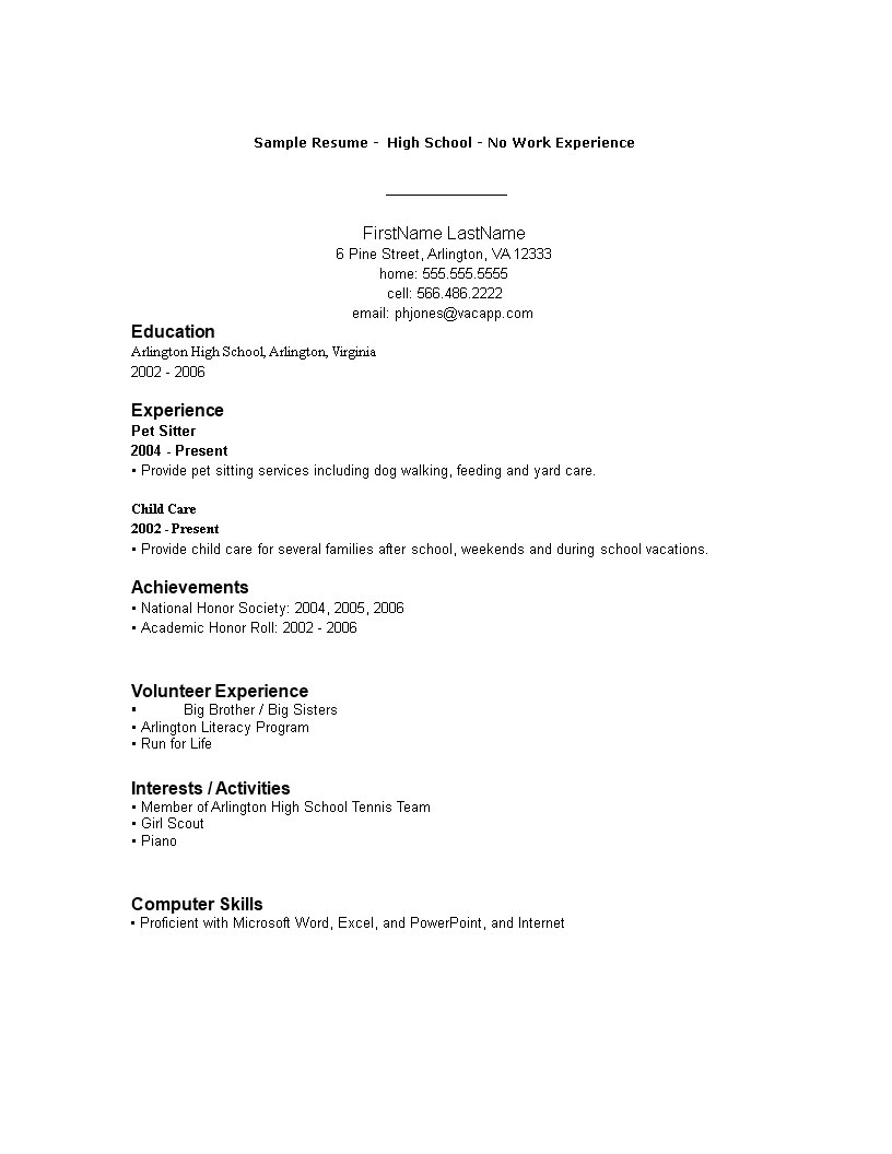 high school no working experience resume format modèles