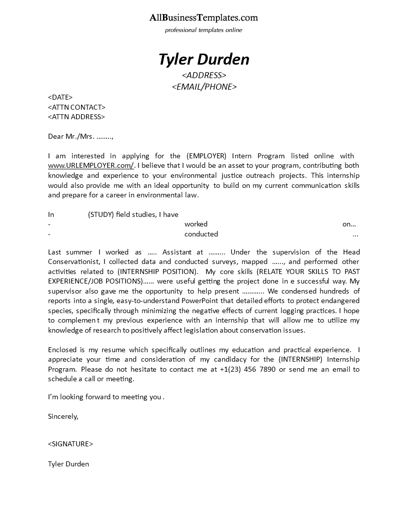 cover letter internship example template