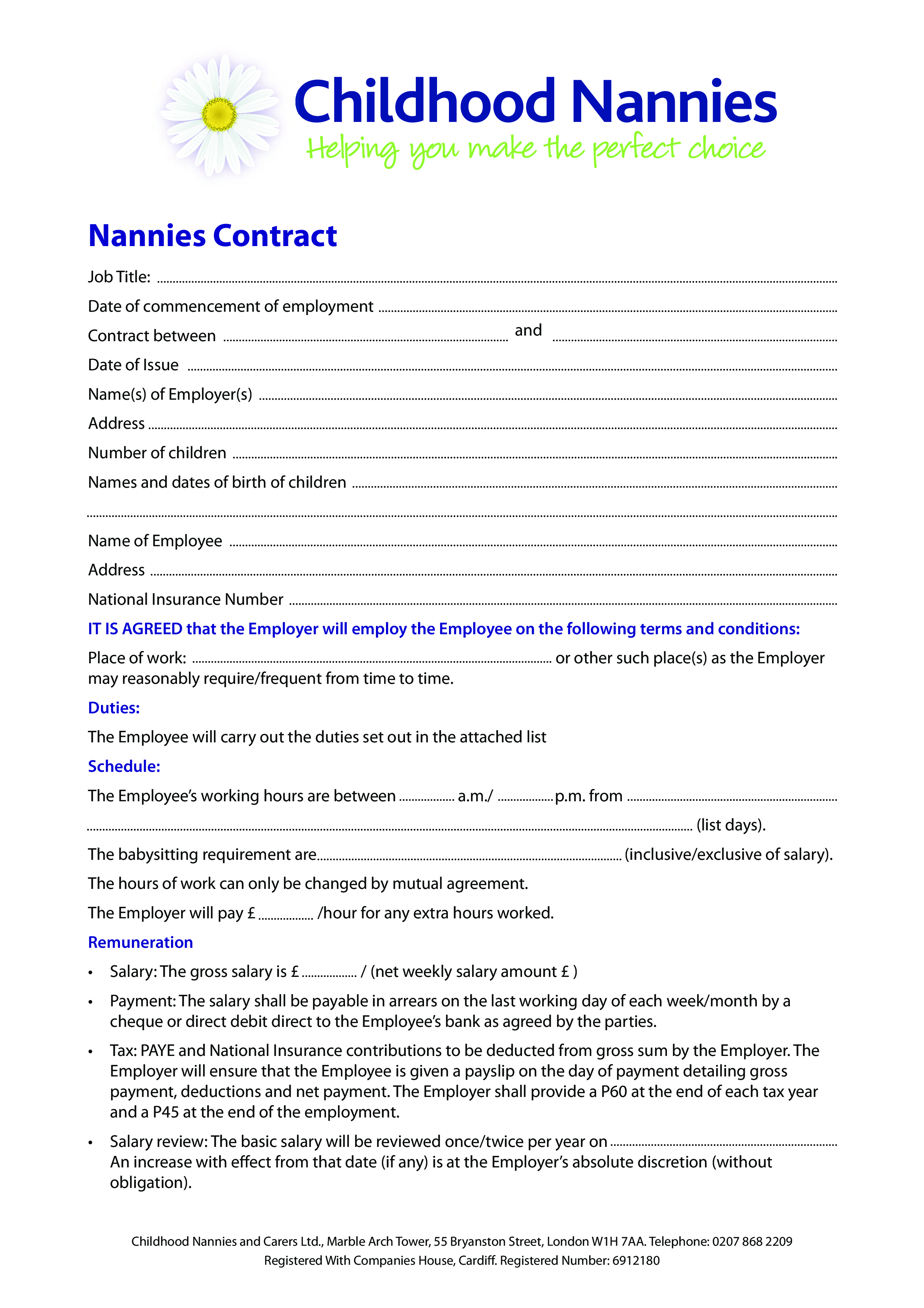 Childhood Nanny Contract Templates at