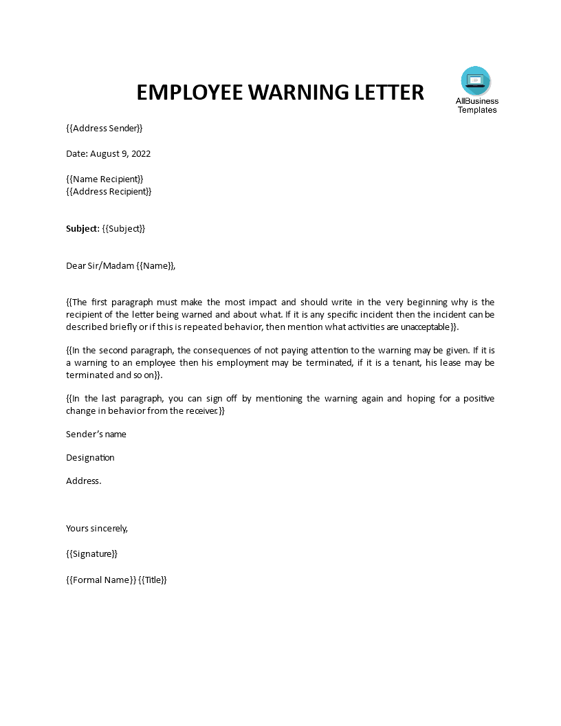 employee warning letter summary voorbeeld afbeelding 